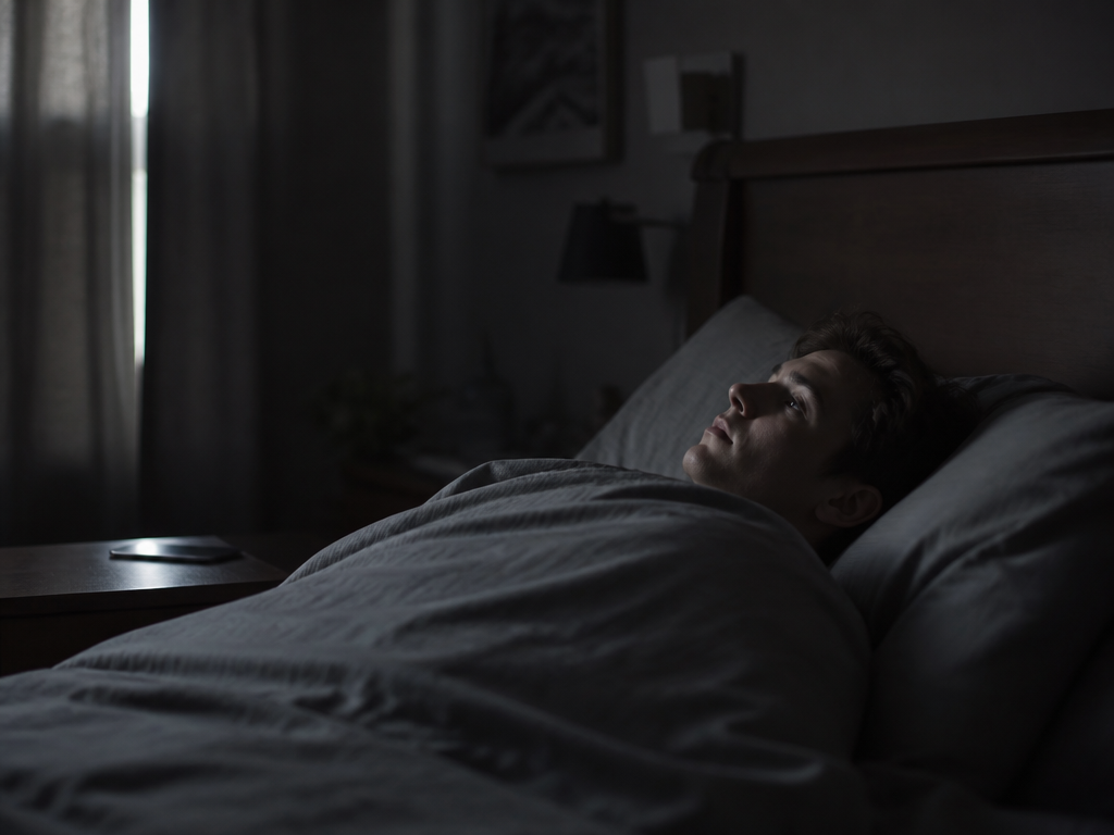 A dim bedroom at 6:50 in the morning, photographed from across the room at…