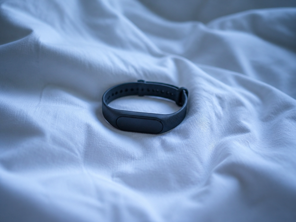 A slim screenless fitness band lying alone on rumpled white bed linens in the…