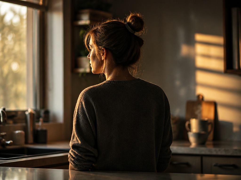 A person standing alone at a kitchen counter in late-afternoon light, seen from behind…