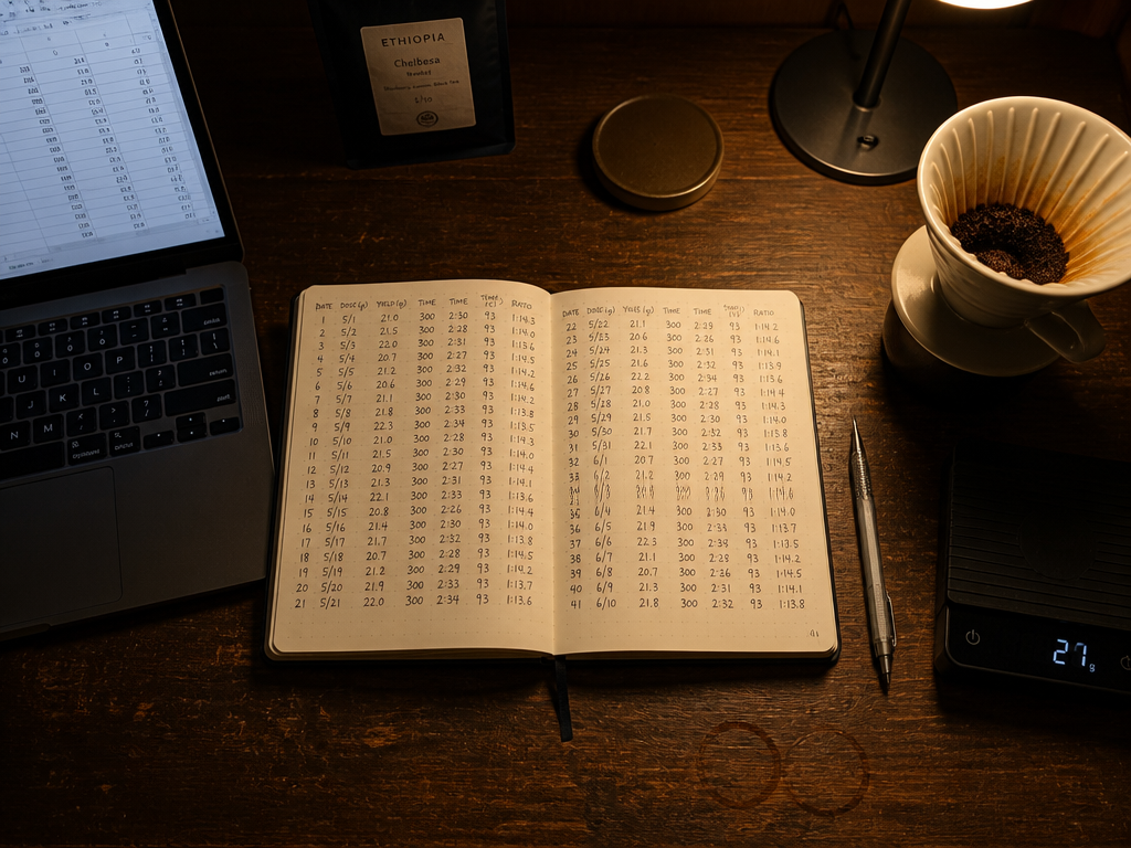 An overhead flat-lay on a scuffed walnut desk at night, lit by a single…