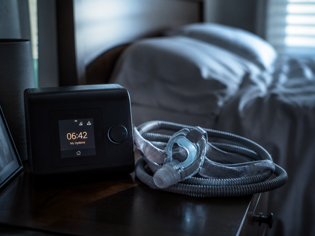 A photorealistic close-up photograph of a modern CPAP machine and coiled mask hose resting…