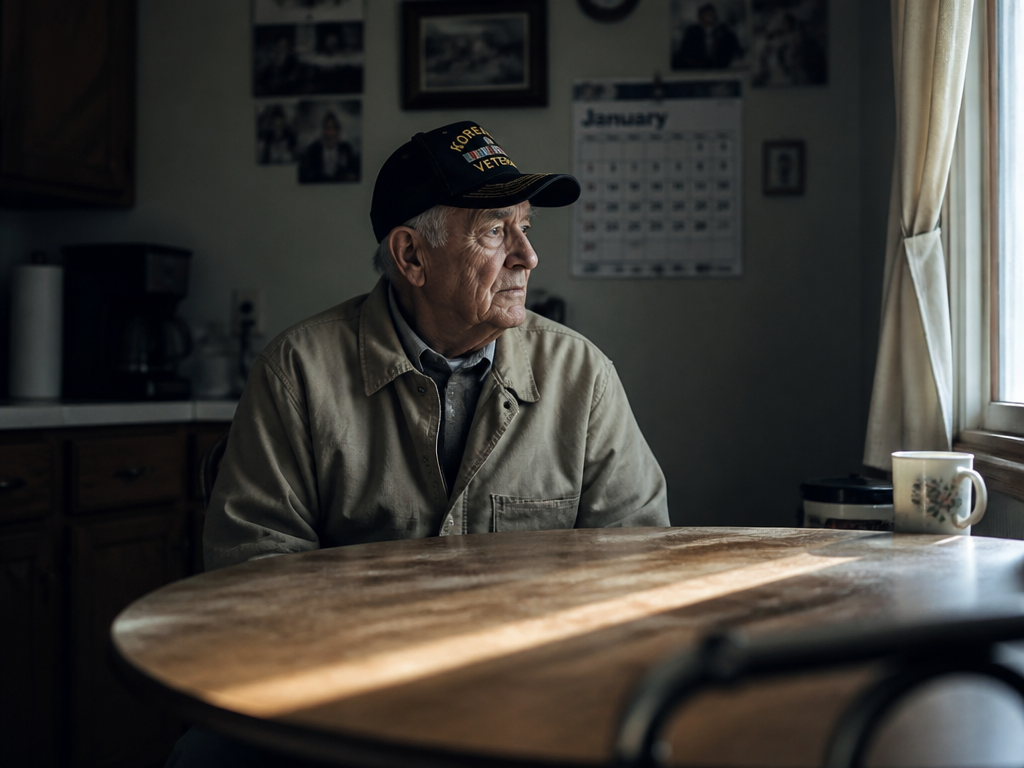 A photorealistic documentary photograph of an older veteran seated alone at a kitchen table…