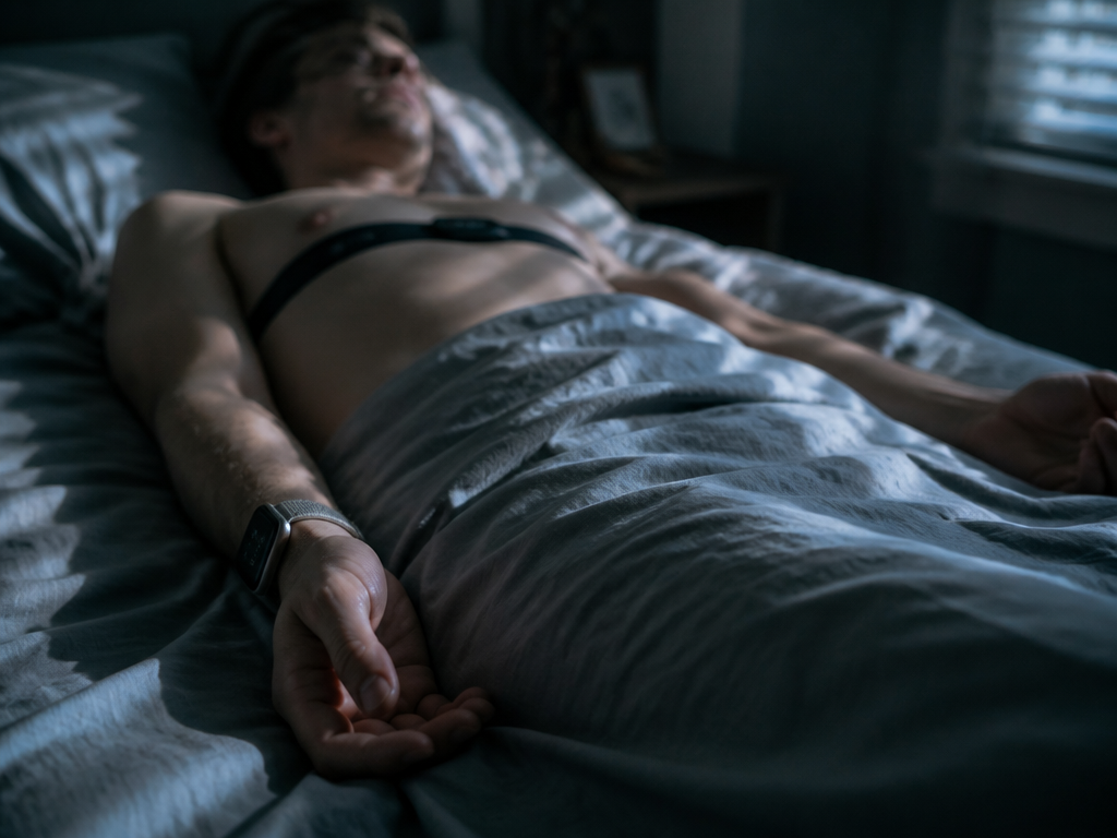 A photorealistic side-lit portrait of a person asleep on their back in a dim…