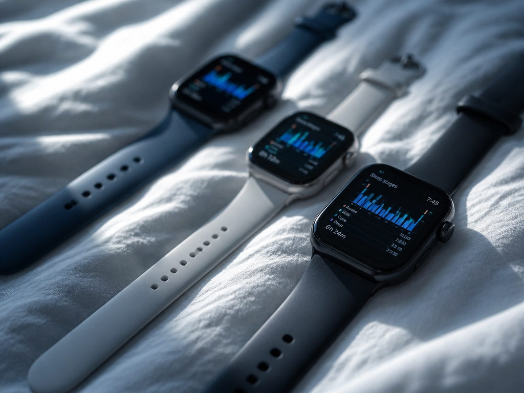 A photorealistic overhead close-up of three modern smartwatches lying side by side on a…