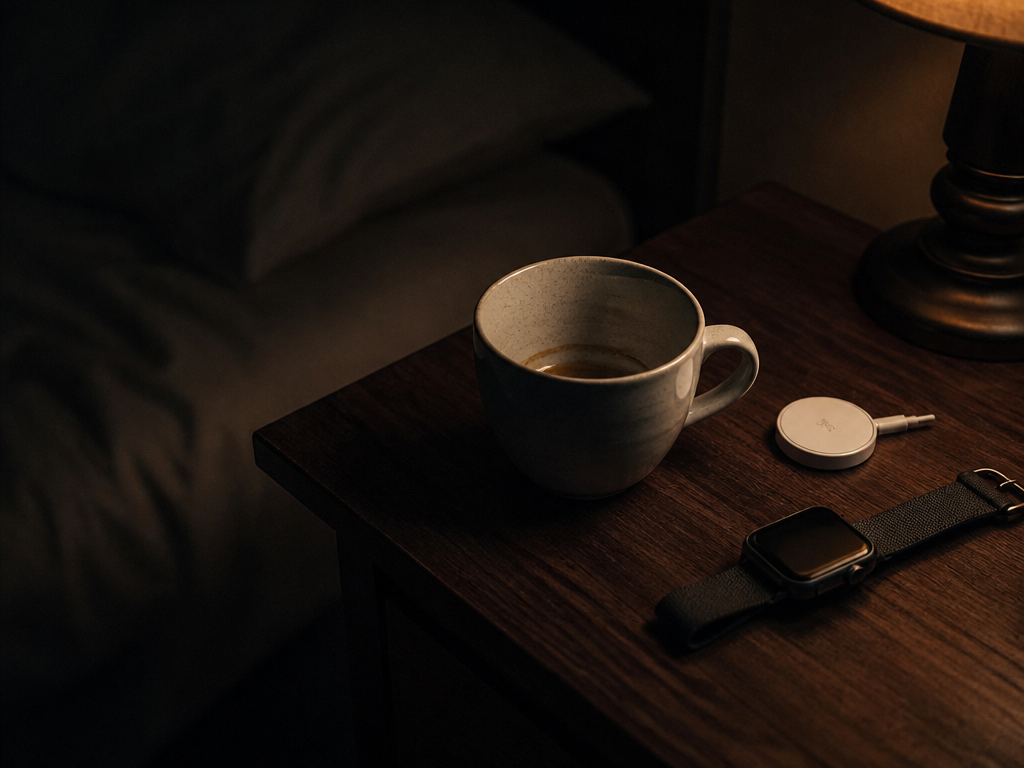 A photorealistic bedside still life at 2 a.m.: a dark walnut nightstand holding an…
