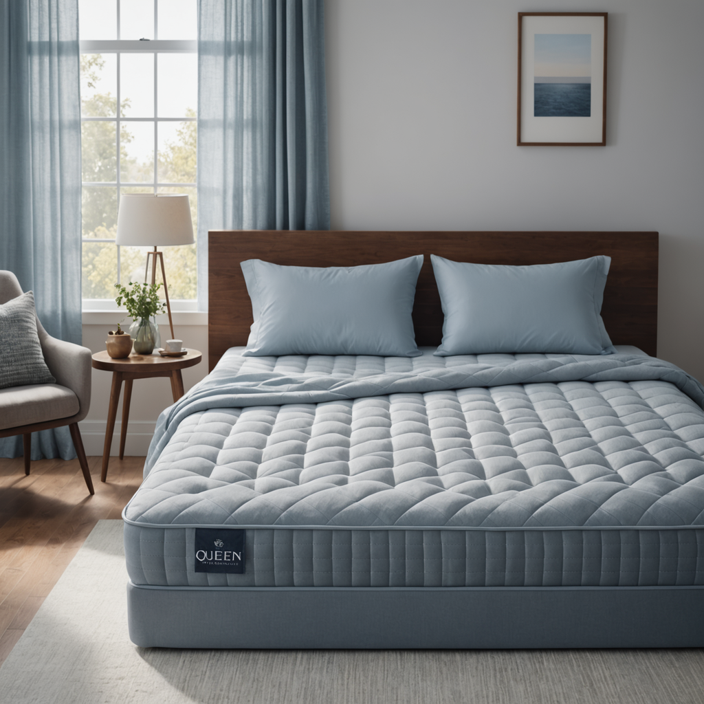 Overhead photograph of a neatly made queen mattress in a minimalist bedroom, white sheets…