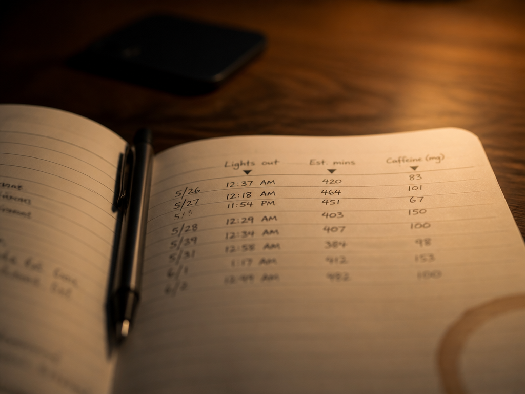 A photorealistic tight macro of a handwritten paper sleep log open on a wooden…