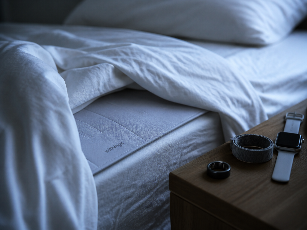 A photorealistic overhead close-up of an unmade bed at first light, rumpled white linen…