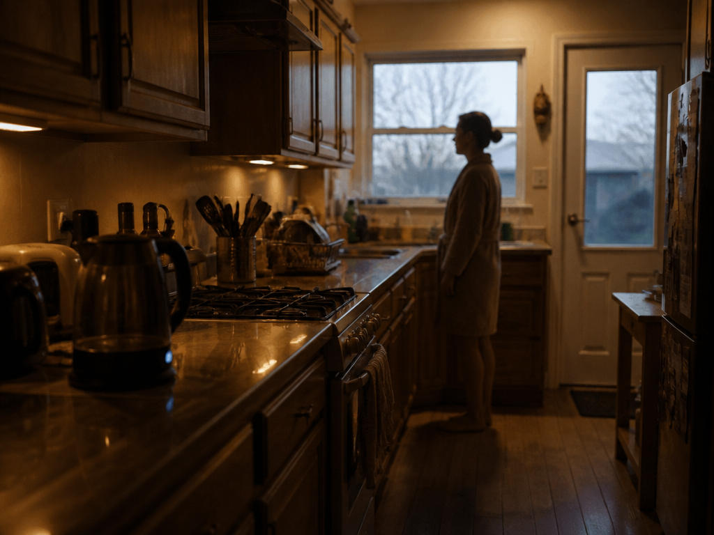 A photorealistic wide interior shot of a dim residential kitchen at 6:50 in the…