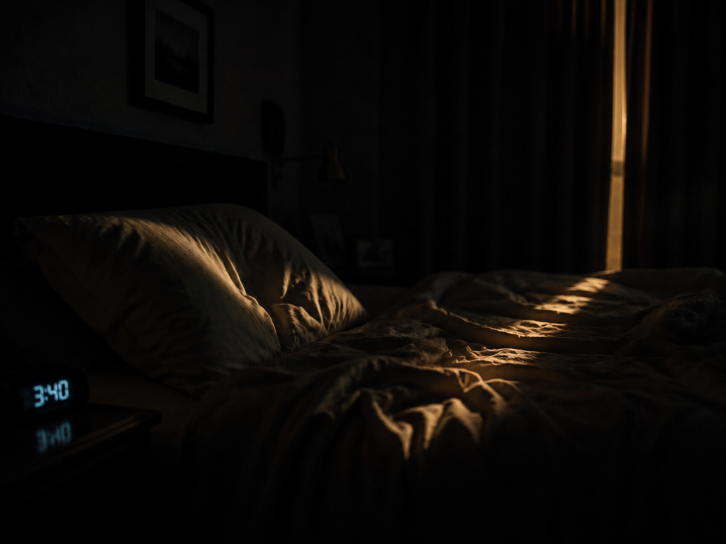 An intimate photorealistic night photograph of a rumpled bed in a dark suburban bedroom…