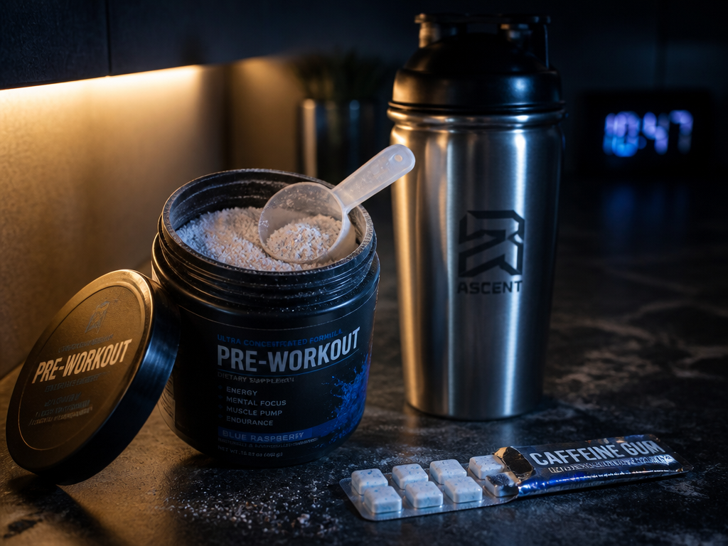 Macro still life on a dark kitchen counter at night: an open tub of…