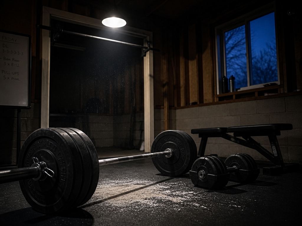 A dim home gym in a converted garage at dusk, photographed from a low…