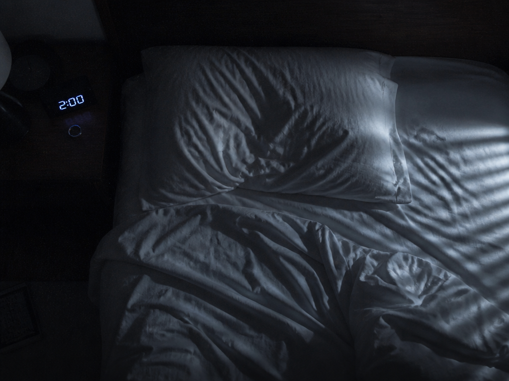 A photorealistic overhead photograph of a dark bedroom at 2 a.m., shot from directly…
