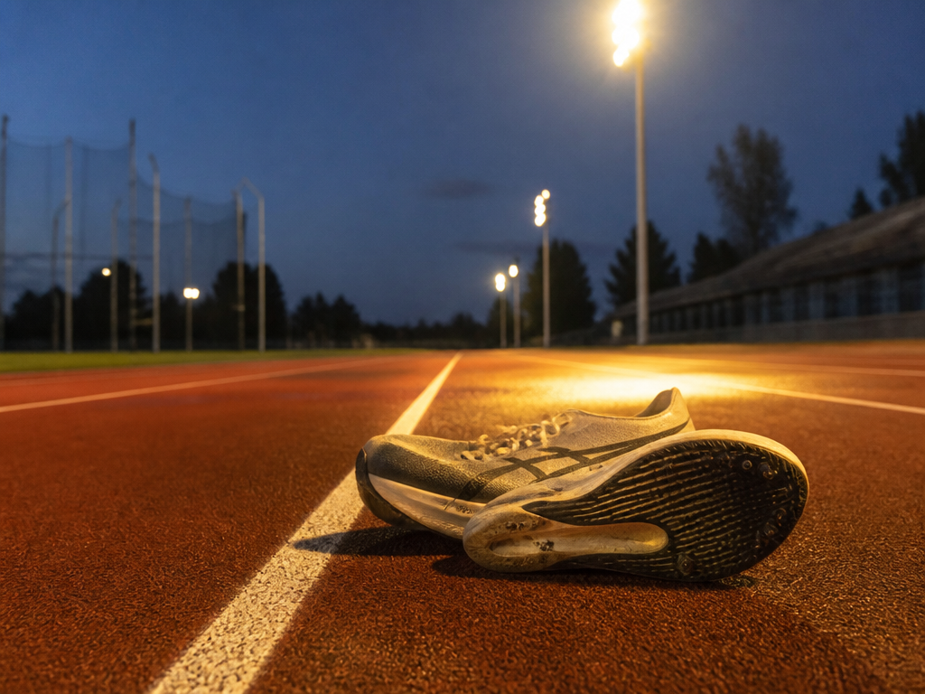 A photorealistic close-up photograph of an empty outdoor running track at dusk, shot at…
