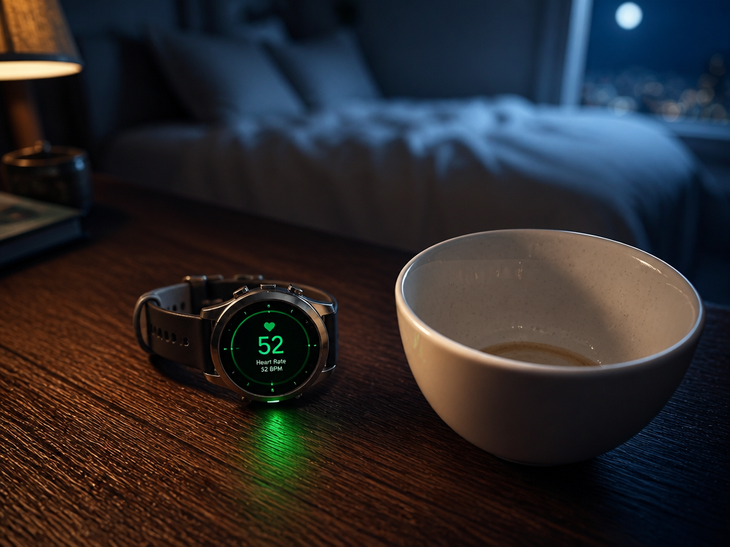 A close-up photorealistic still life on a dark walnut desk at night: a smartwatch…