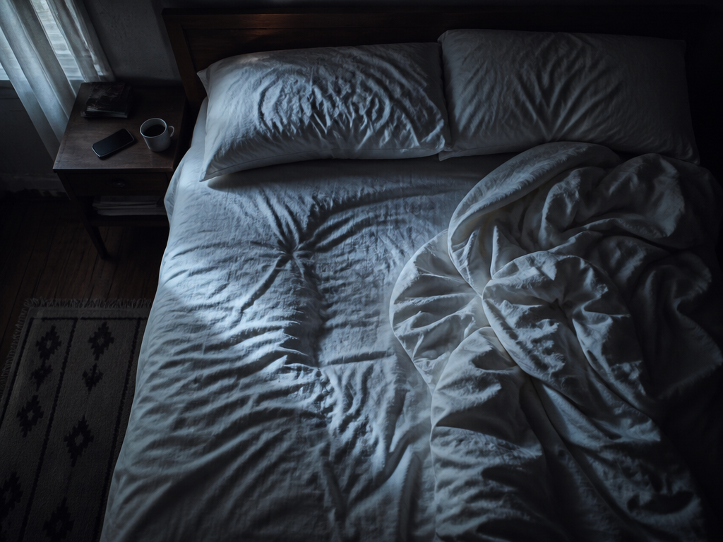 A photorealistic overhead night shot of an empty rumpled bed in a dim bedroom…