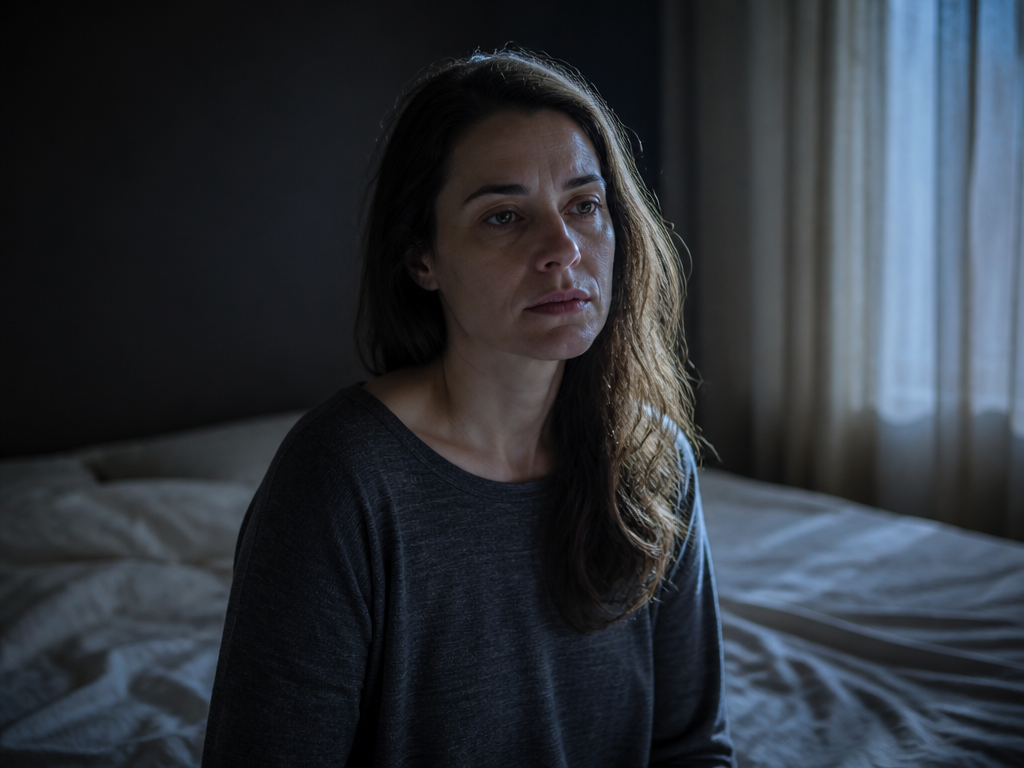 A photorealistic portrait of a person in their late thirties sitting upright on the…