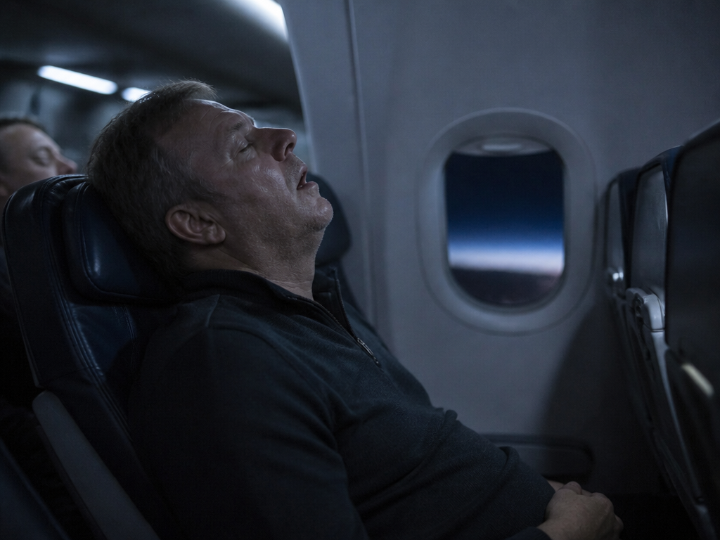 A photorealistic editorial photograph shot from the aisle of a commercial airliner cabin at…