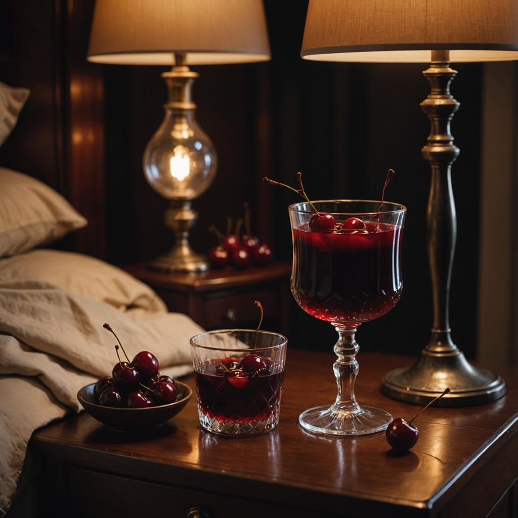 A close-up still life of a clear glass filled with deep ruby-red tart cherry…
