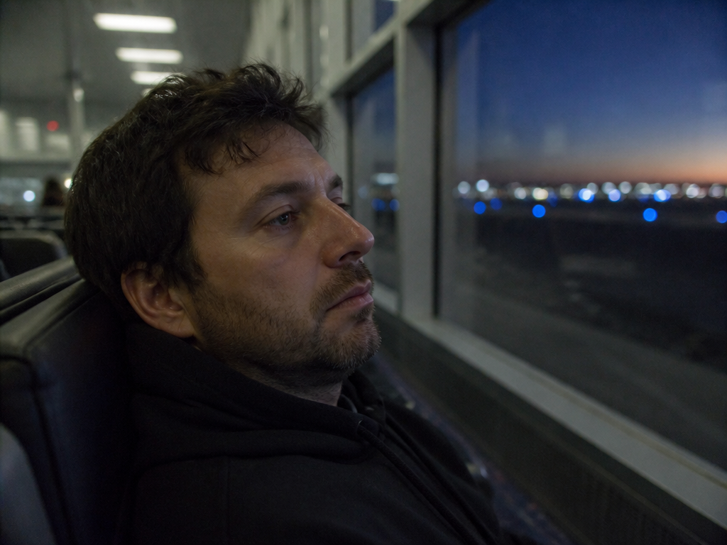 A photorealistic close-up portrait of a traveler seated alone at a near-empty airport departure…