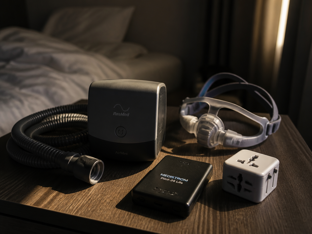 A photorealistic tight macro product photograph of a compact travel CPAP machine and coiled…