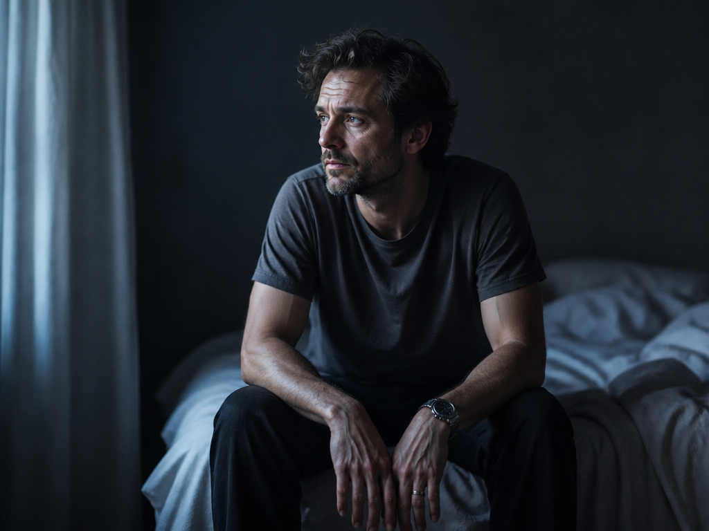 An environmental portrait of a person in their early forties sitting on the edge…