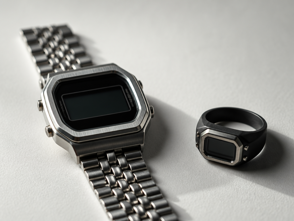 A macro product photograph of two wrist-worn objects resting on a pale bone-white paper…