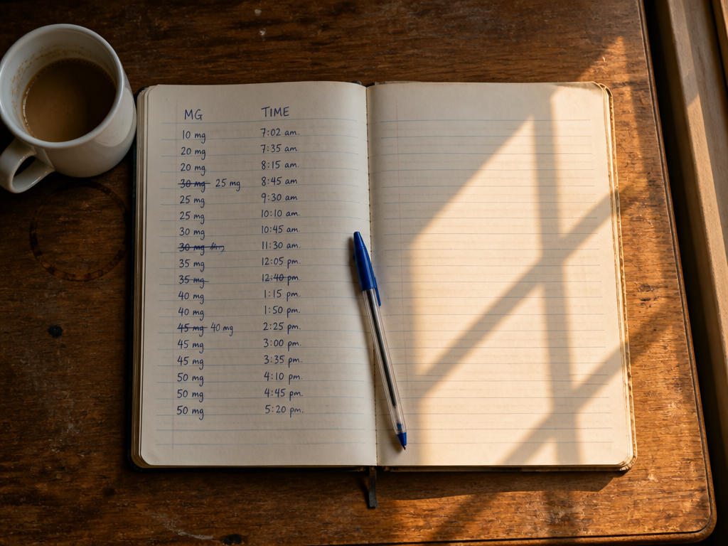 A photorealistic overhead flat-lay of a well-used paper notebook open on a scuffed oak…