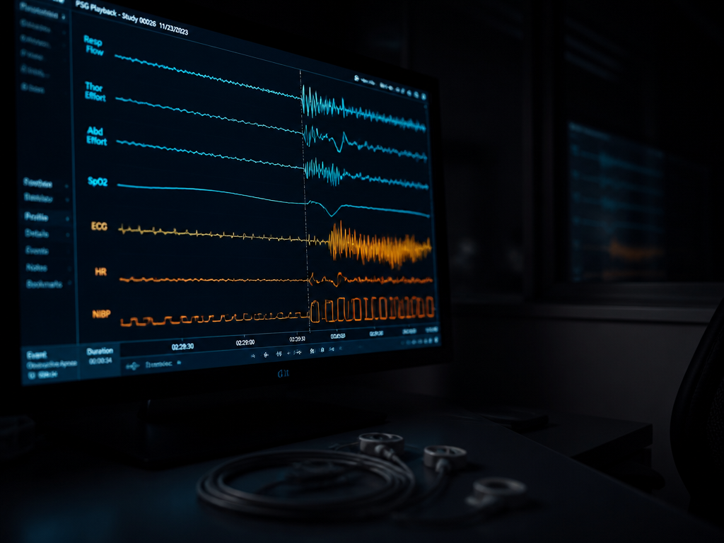 Photorealistic clinical still life: a sleep laboratory monitor glowing in an otherwise unlit control…