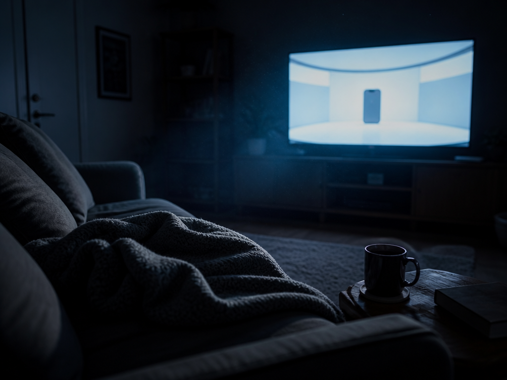 A photorealistic wide shot of a dark living room at 3 a.m., lit almost…