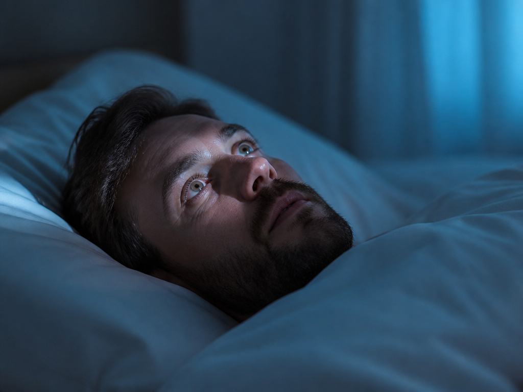 A photorealistic close-up portrait of a person lying on their back in bed just…