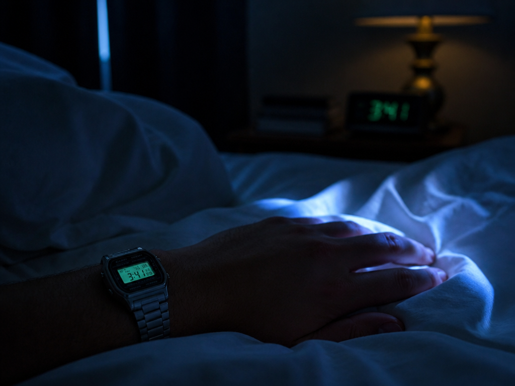 A photorealistic nighttime bedroom photograph shot from a low angle beside the bed: rumpled…
