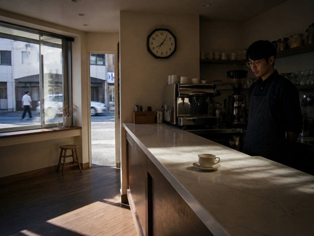 A photorealistic wide-angle interior photograph of a small Japanese specialty coffee bar at 2…