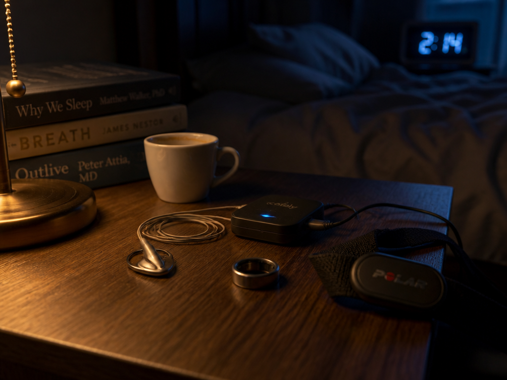 A photorealistic still-life photograph of a dim home bedroom at night, shot on a…