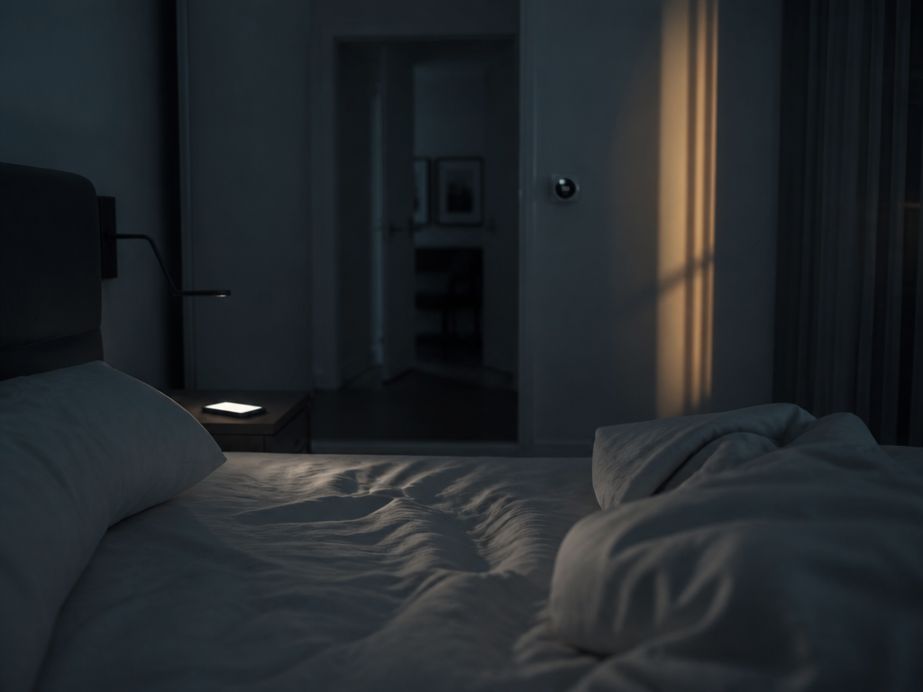 A photorealistic wide interior photograph of an empty modern bedroom at 4 a.m., seen…