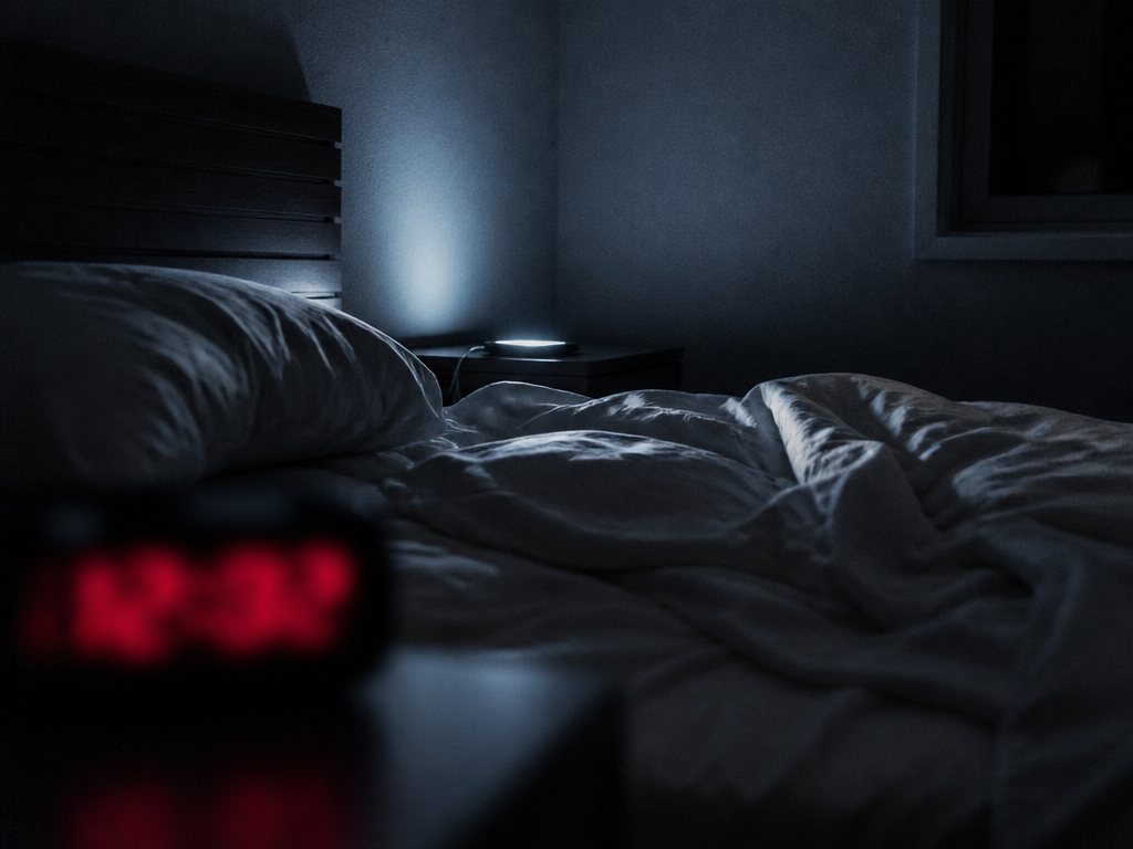 A rumpled unmade bed shot from a low angle in a dark bedroom at…