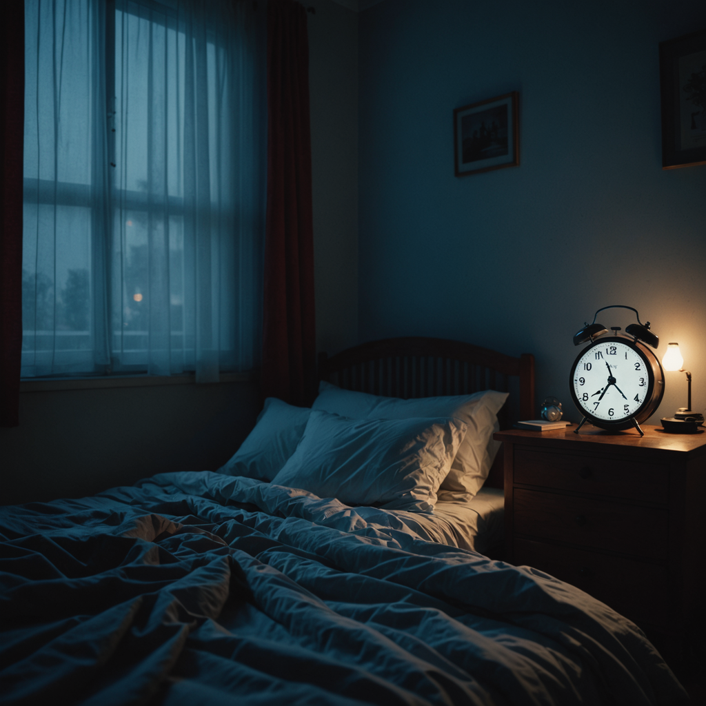 A dimly lit bedroom at 6:47 a.m., shot from a low angle beside the…