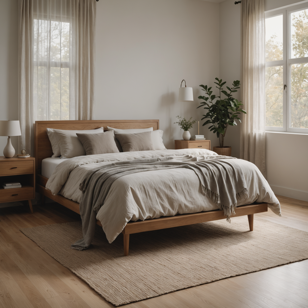 A clean, minimalist bedroom photographed in soft morning light streaming through sheer linen curtains…