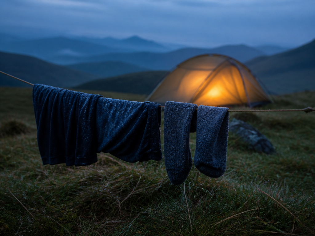 A photorealistic wide-angle photograph taken at dusk on a windswept grassy hillside in Snowdonia…