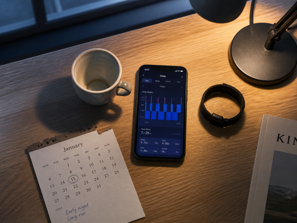 A photorealistic overhead flat-lay shot on a pale oak desk at dusk: a small…
