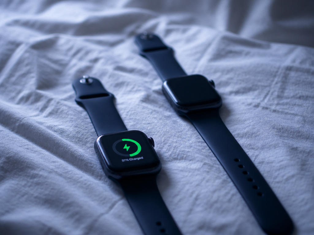 A close-up overhead photograph of two smartwatches with dark sport bands resting side by…