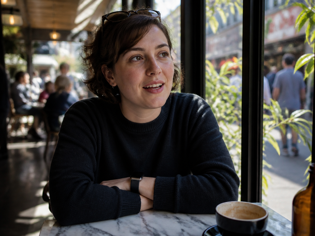 A candid environmental portrait of a person seated at a small marble table in…
