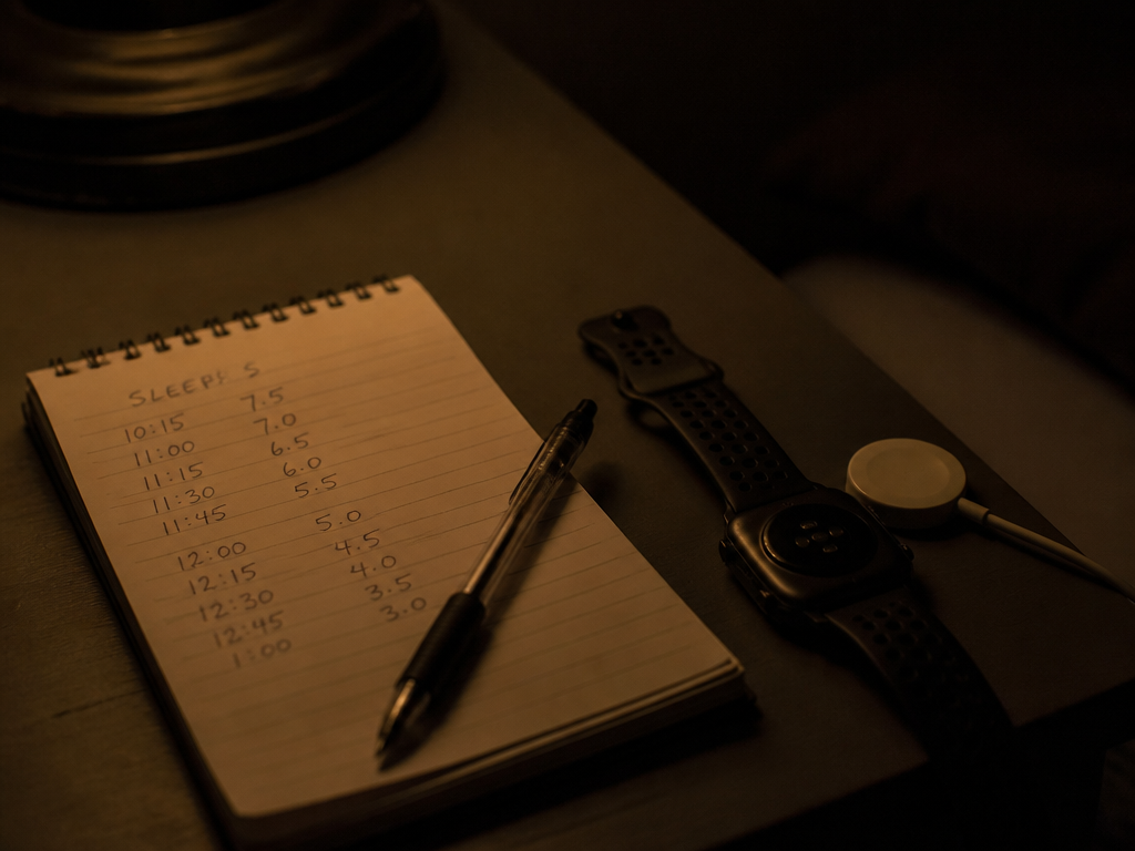 A photorealistic still life on a dim bedside table shot at night: a spiral…
