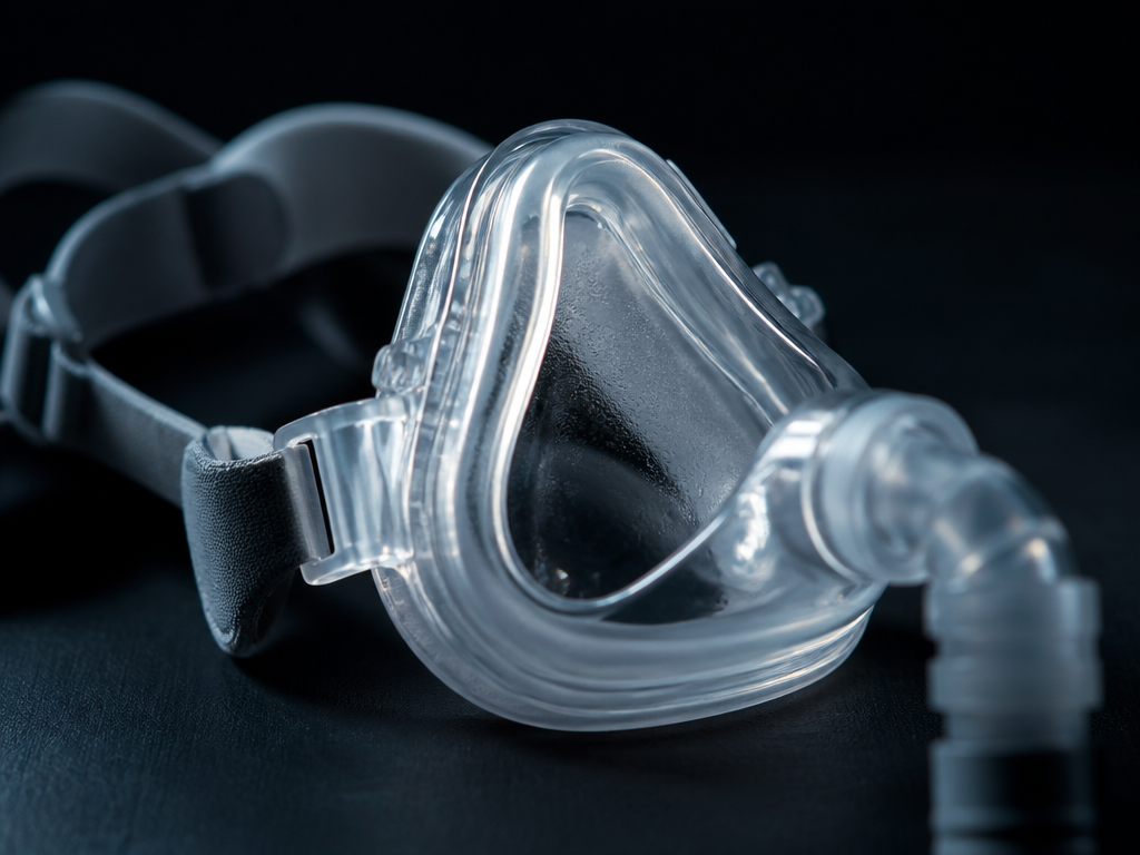 A tight, clinical still life of a clear silicone nasal CPAP mask resting alone…