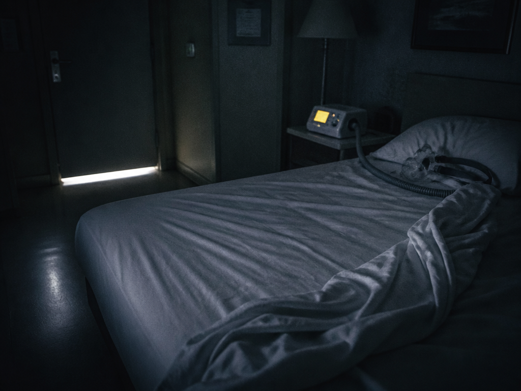 A wide, quiet documentary photograph of an empty sleep-study bedroom at 4 a.m. —…