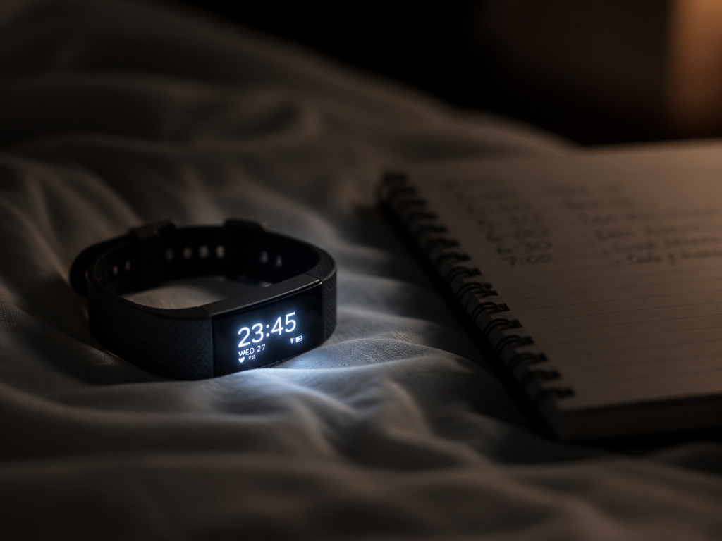 A close-up photorealistic still life of a slim fitness band resting face-up on a…