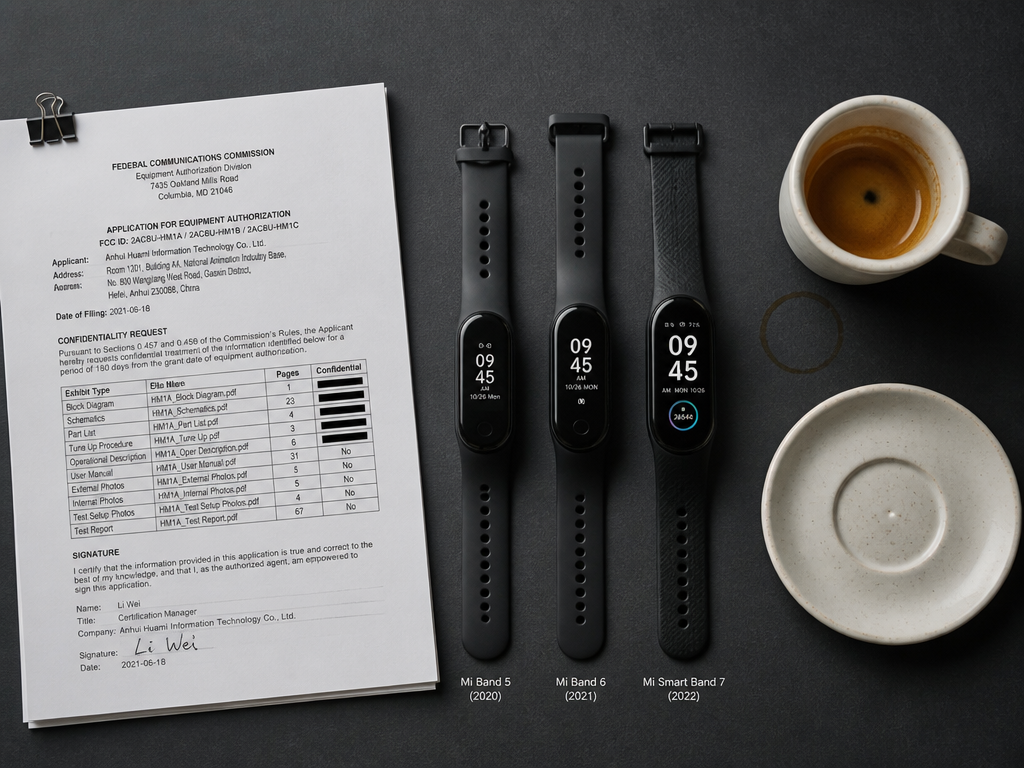 A photorealistic overhead flat-lay on a matte charcoal desk surface: three generations of nearly…