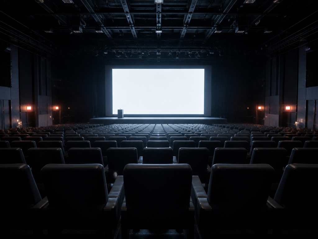 A wide photorealistic photograph of an empty modern product-launch auditorium late at night after…