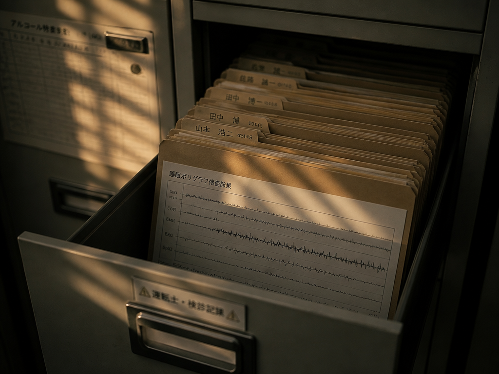A grey metal filing cabinet drawer pulled open in a dim Japanese transport office…