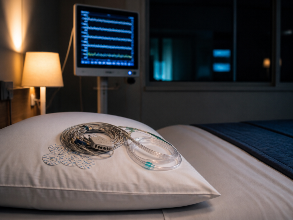 A sleep laboratory at night, shot with an 85mm lens at f/1.8 — sharp…